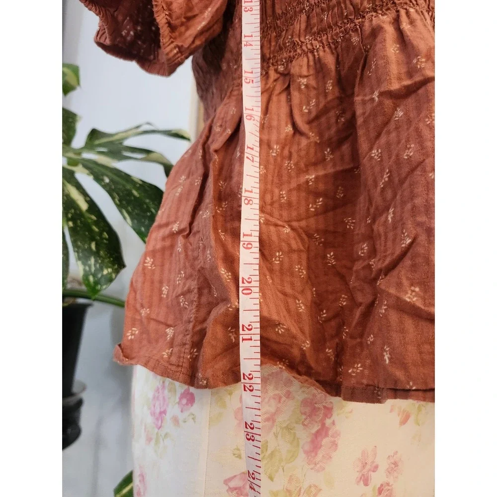 Madewell Brown‎ Smocked Puff Sleeve Peplum Top Size 6 Cottagecore Boho